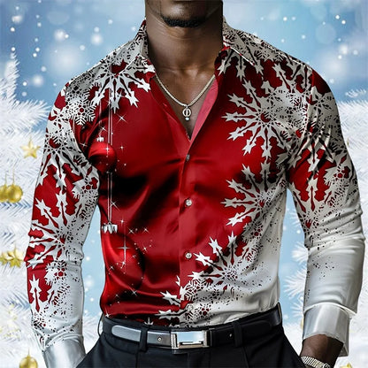 2025 Christmas Men's Christmas Scene Printed Shirt Snowflake Casual Fashion Lapel Button Long Sleeve Party Autumn Shirt XS-6XL