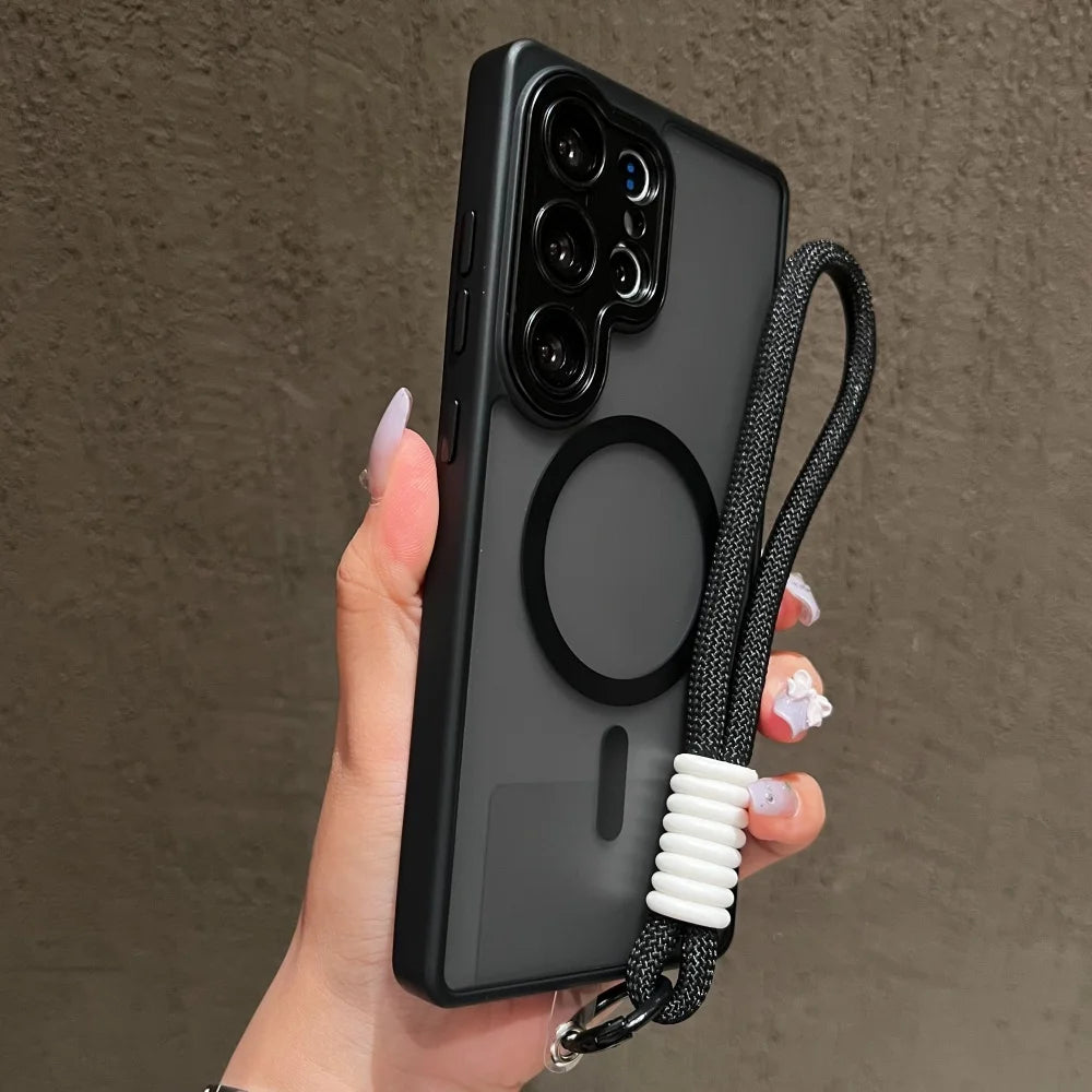 Wrist Strap Cord Magnetic Matte Translucent Armor Case For Samsung S25 Ultra S24 FE S23 Plus For Magsafe Wireless Charge Cover