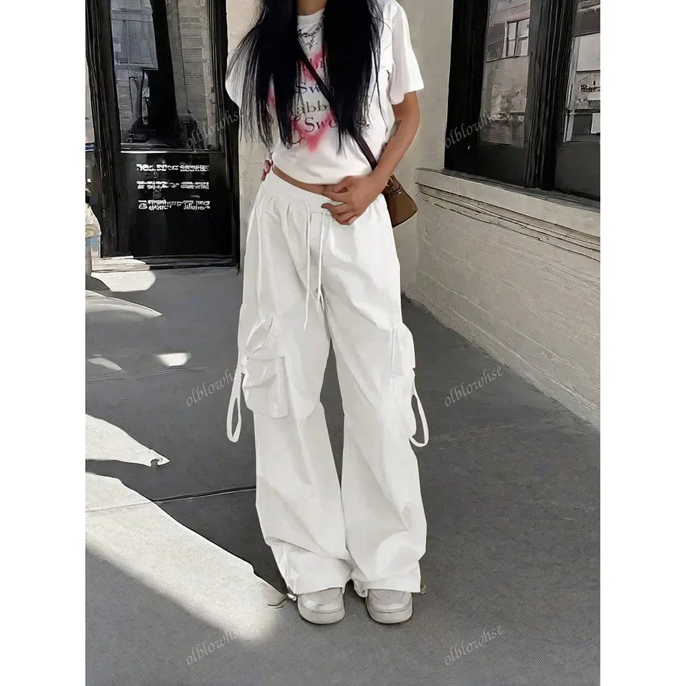 Loose Wide Leg Casual Pants Women's Workwear Trousers with Big Pockets Vintage Long Pants High Street Trend New 2025
