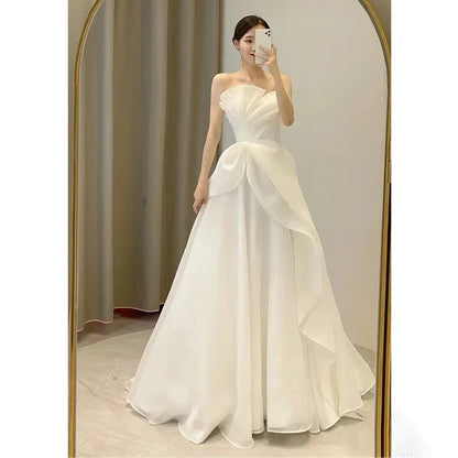 European and American Strapless Light Wedding Dress 2025summer New Bride Simple White Gauze Dress Welcome Gauze Fairy Atmosphere