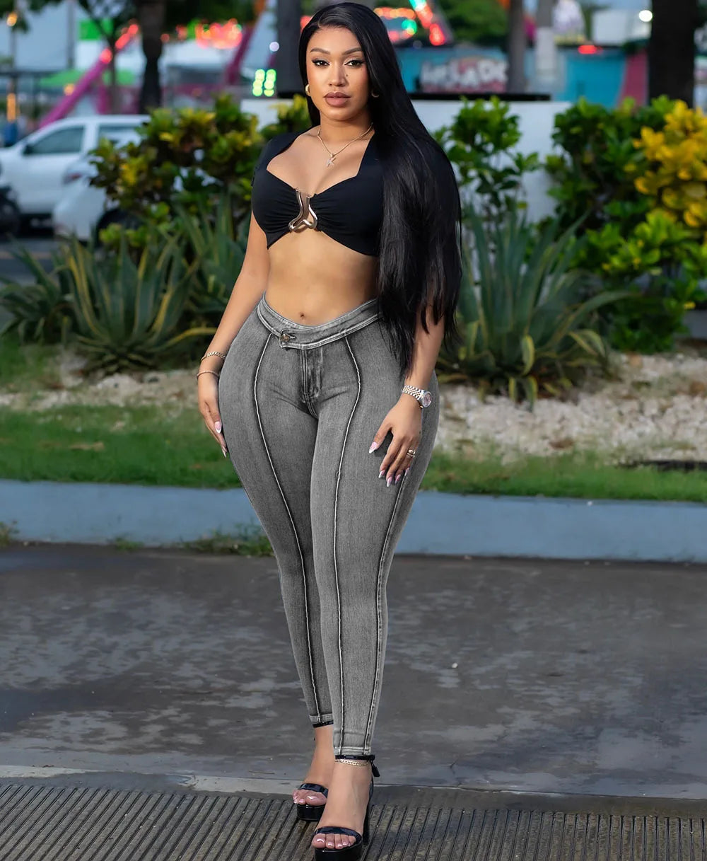 2025 & 2026 New High Waist Slim Fit Washed Blue Denim Jeans Women Stretchy Slimming Street Style Fashion Casual Long Pants