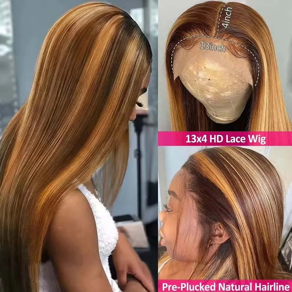 13x4 5x5HD Highlight Ombre Bone Straight Wigs Human Hair P4/27 Blonde Ombre Lace Frontal Wig Colored Human Hair Wig For Women