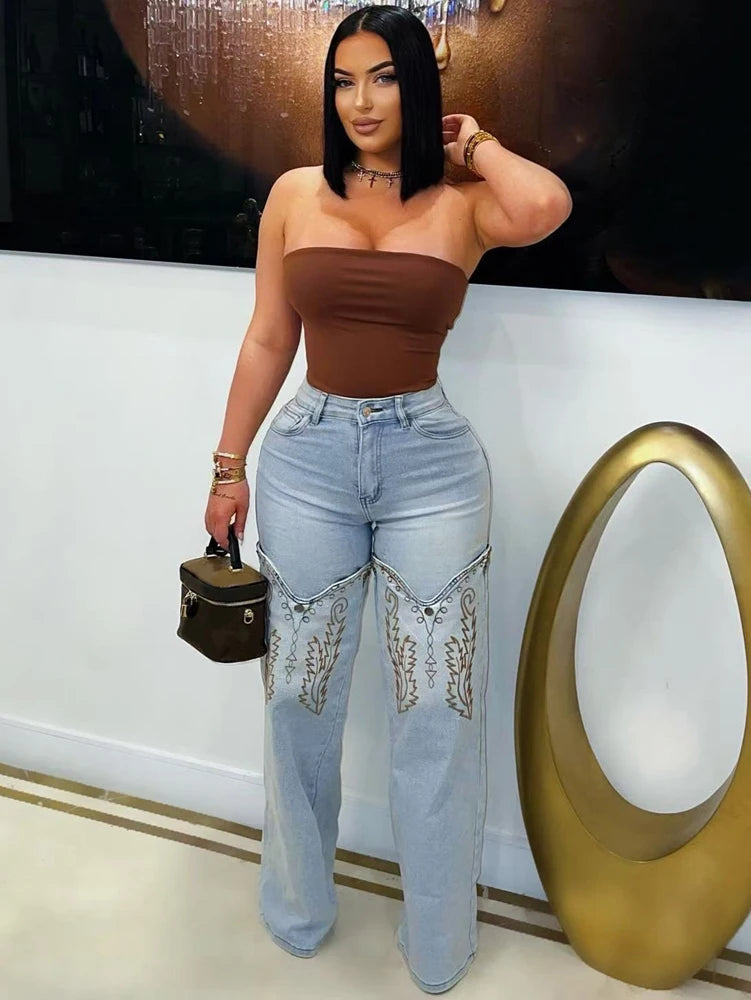 2025 & 2026 Summer Fashion Woman Vintage Embroidery Denim Trousers Casual High Waist Straight Leg Jeans Women Street Clothes Jean Pants