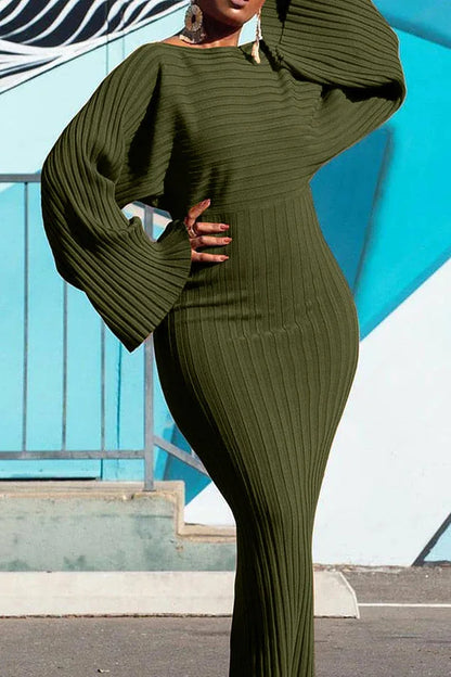 Knitted Dress Women Fashion O Neck Long Sleeve Bodycon Midi Dresses Female Elegant Loose Dresses