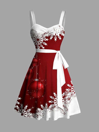 Dressfo Women's Christmas Dresses Sweetheart Neck Snowflake Bell Contrast Print Ruched Bust Tank Belt Festival Dress Vestidos