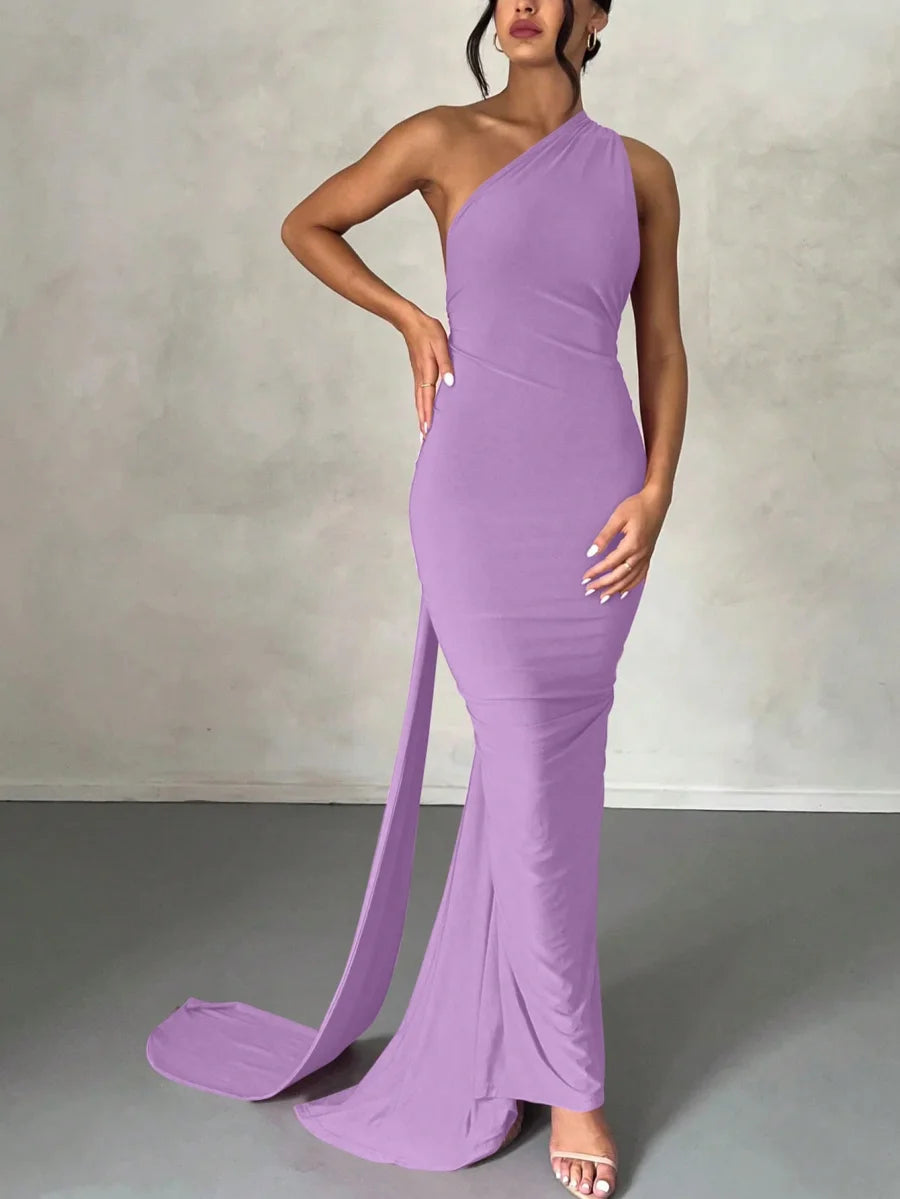 Dulzura One Shoulder Backless Ruched Slim Ribbon Long Dress Women Solid Sexy Elegant Dress Evening Party Club Prom Summer Outfit