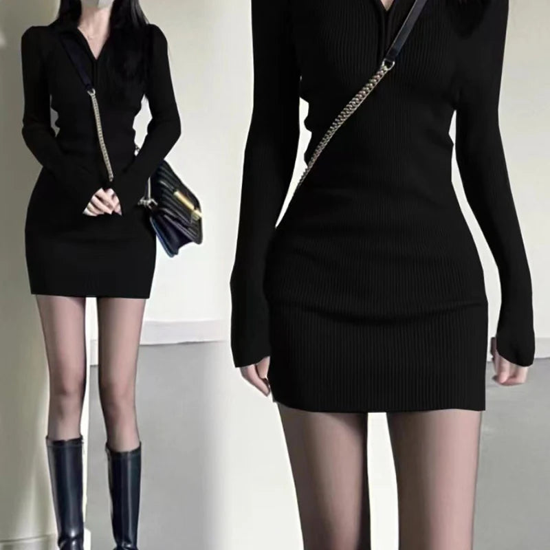 2025 Minimalist Black Ribbed Knit Dress, Half - Zip Long - Sleeve Bodycon Dress, Women's Daily Elegant Wear