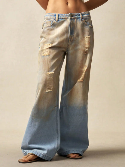 American style high end streetwear style faded holey denim women's pants 2025 new collection