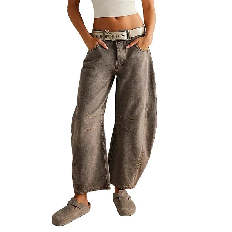 High Stretch Mid-Rise  Jeans Fashion Wide Leg Shape Women Casual Baggy Mid Waist Denim Jeans