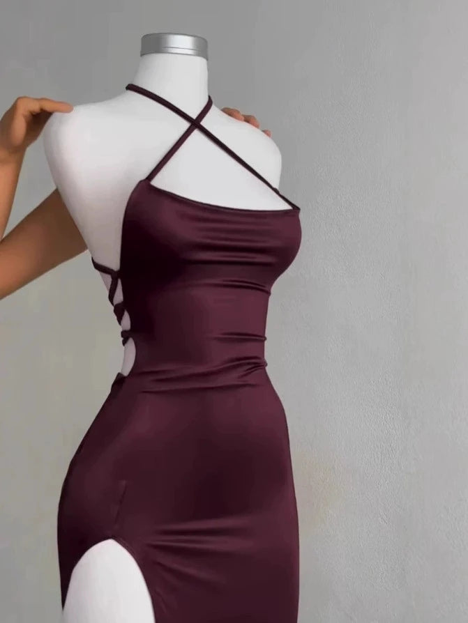 Sexy Hot Girls Slim Spaghetti Strap Long Dresses Women Solid Color Backless Package Hip Bodycon Slit Dress Party Club Vestidos