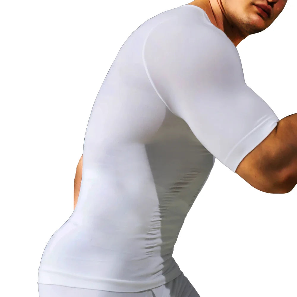 Mens Slimming Body Shaper Short Sleeves Shirts Abs Abdomen Slim Gym Workout Tummy Control Compression Tops Fitness Shapewear