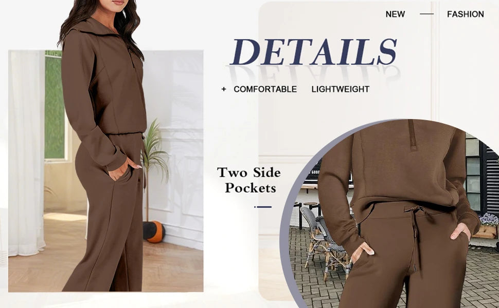 Solid Two-piece set Women Fashion Long Sleeve Zipper Sweater Pullover Tie up Pocket Wide Leg Pant Suit Loose Casual Sport Sets