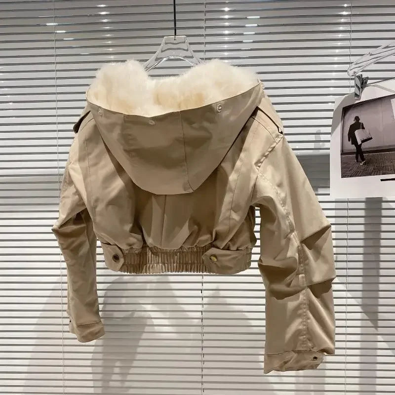 Big Fox Fur Collar Removable Rabbit Liner Short Coat Jacket for Women Winter Elastic Hem Hooded Jackets Wram Fashion Outwear