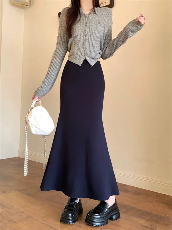 Solid Vintage Temperament Package Hip Skirts Elastic High Waist Simple Spring Autumn 2026 Fish Tail Skirt Casual Slim Long Skirt