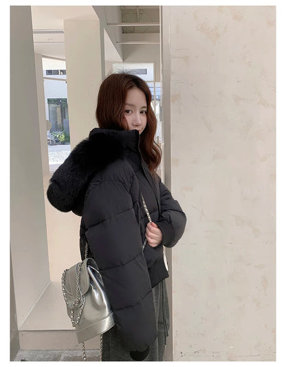 Casual Warm Fur Hooded Cropped Parkas Chic Streetwear Korean Style Down Cotton Coat Thicken Short Women's Winter 2025 Jacket