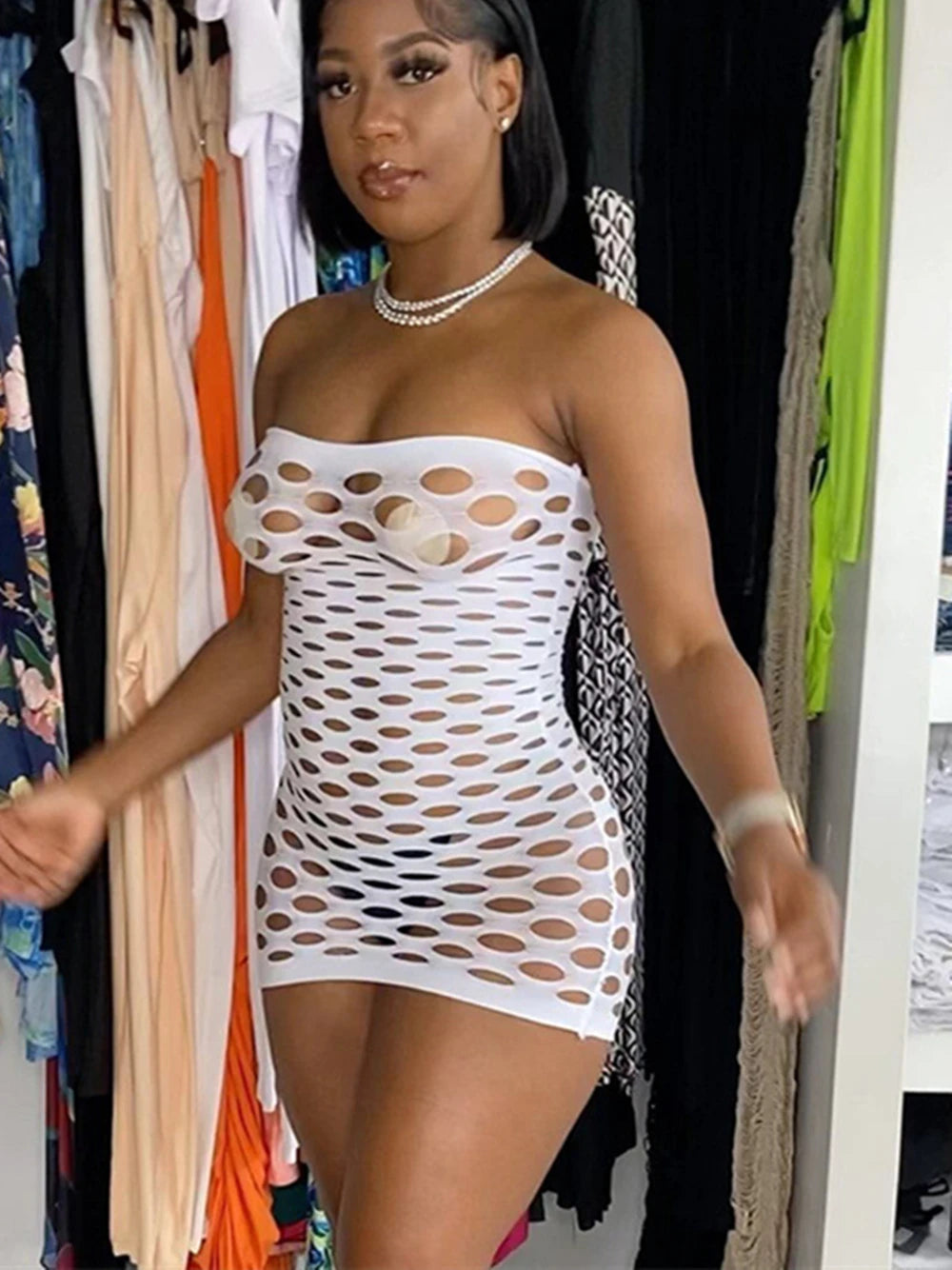 Pink Mini Dress Women Strapless See Through Backless Sleeveless Skinny Vestido Female Party Night Clubwear Mesh Lingerie Dress