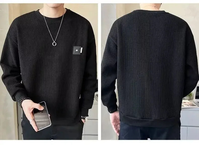 Loose round Neck Texture Pattern Men's Hoodie Solid Color Casual Autumn Wear Comfortable Breathable Street Style Sweatshirt