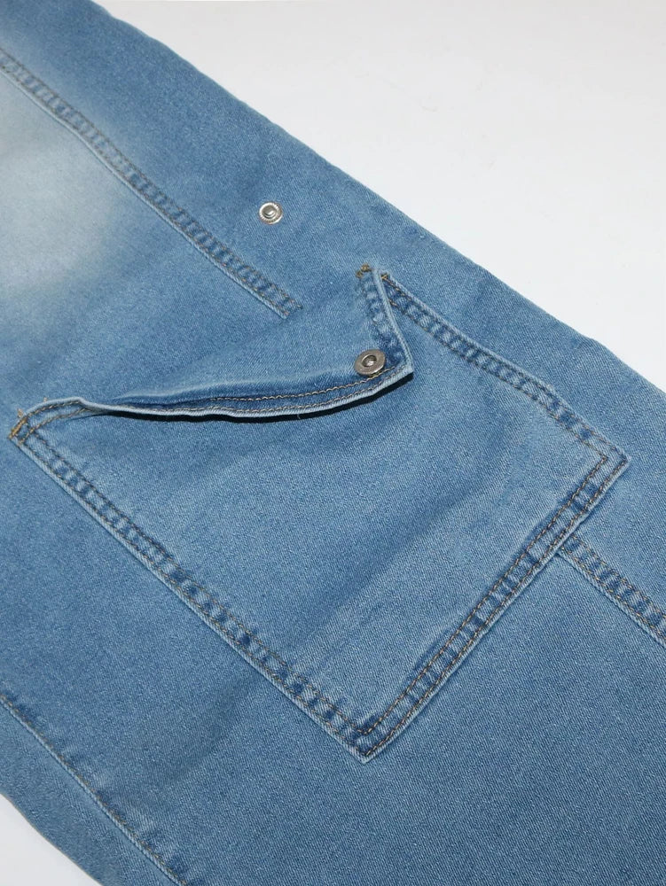 Summer Fashion Loose High Waisted Zip Denim Overalls Women Clothes Multi Pockets Cargo Jeans Trousers Casual Wide Leg Jumpsuits