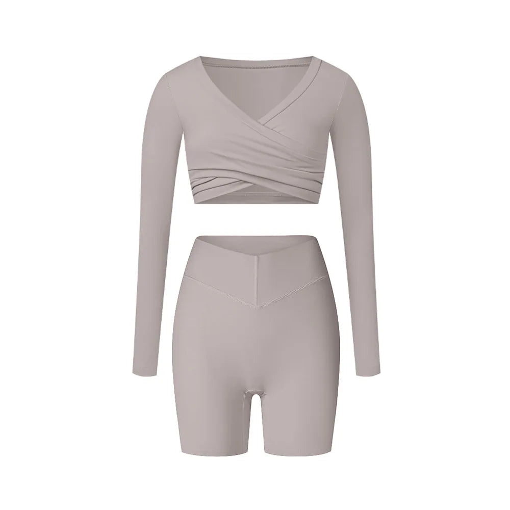 2 Pieces Wrap Front Gym Fitness Suit Women Long Sleeve Legging Workout Yoga Set Sports Bra Short Sports Clothes Tracksuit Female