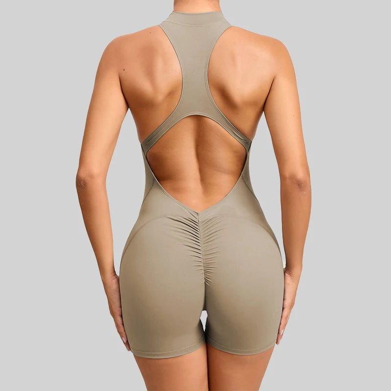 Back V Scrunch Jumpsuits Gym Short One-Piece Suit Yoga Set Push Up Zipper Workout Rompers Fitness Sexy Sports Bodysuit Female