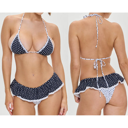 Combhasaki Women 2Piece Bikini Set Fashion Lace-up Halter Neck Frill Trim Padded Bra + Thong Skirt Swimsuits Summer Bathing Suit