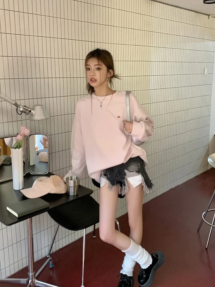 Light Pink Lettered Oversized Shoulder Sweatshirt Women's Full Sleeve round Neck Spring Autumn New Style Comfortable Casual Top