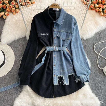 Slimming Denim Patchwork Lapel Dress Autumn Waist-fitted Medium-length Shirt