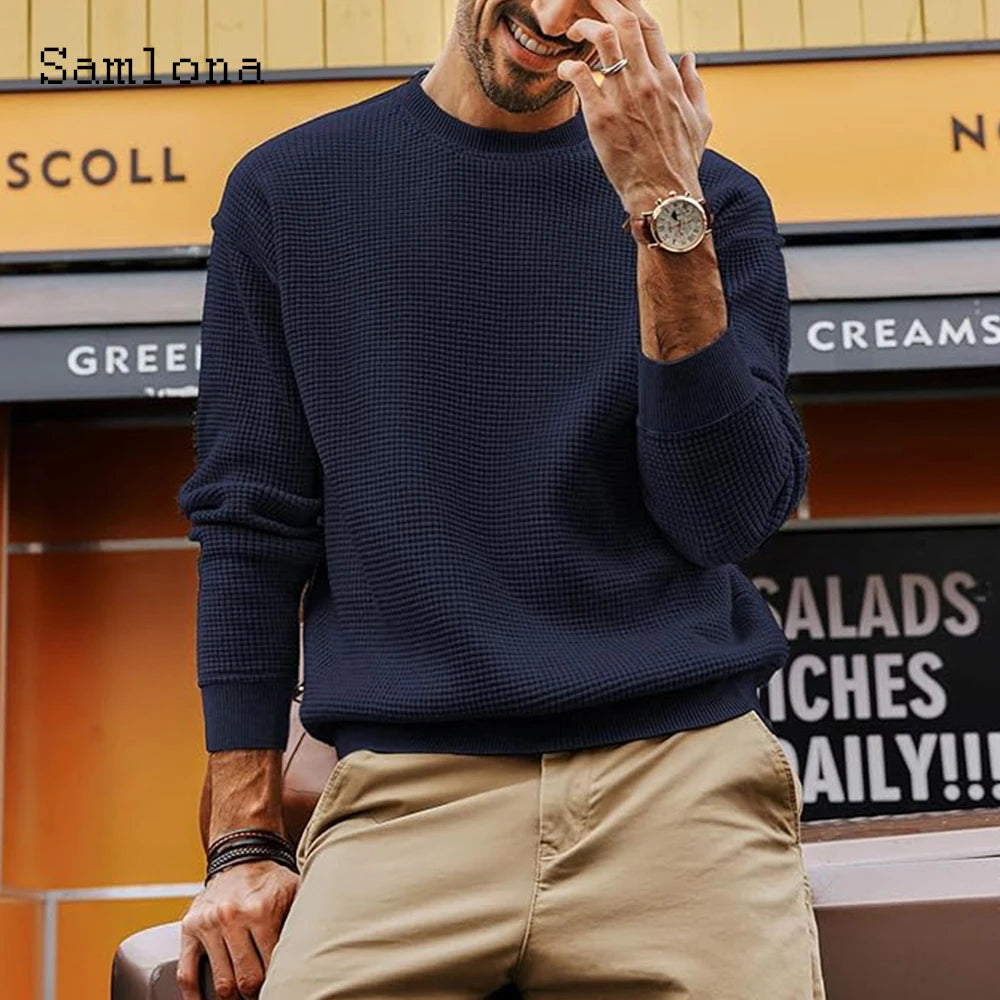 Samlona Men Retro Knitted Sweaters Vintage Jumpers 2025 Autumn Basic Top Pullovers Mens Long Sleeve Fashion Knitting Sweater New
