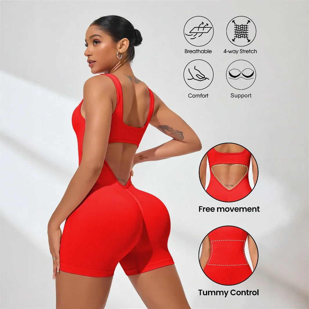 Sexy Backless Women Yoga Rompers U Neck Sleeveless Threaded Jumpsuit Solid Color Elastic Bodysuit Without Bust Pads Streetwear
