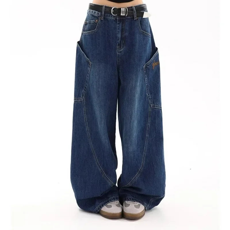 American Retro Knife Pocket Wide Leg Jeans Women's Spring Autumn Style Hot Girl High Street Design Loose Floor-Length Pants