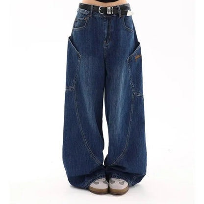 American Retro Knife Pocket Wide Leg Jeans Women's Spring Autumn Style Hot Girl High Street Design Loose Floor-Length Pants