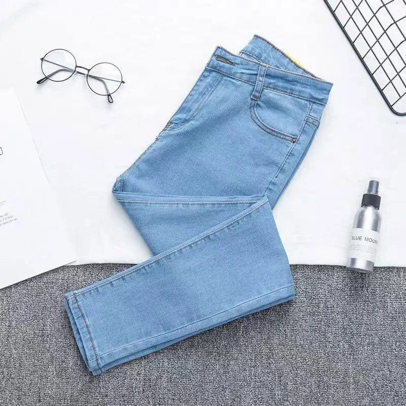 Women's Casual Simplicity Solid Color High Waist Ninth Pants Women Clothes Office Lady All-match Fashionable Jeans Trouser