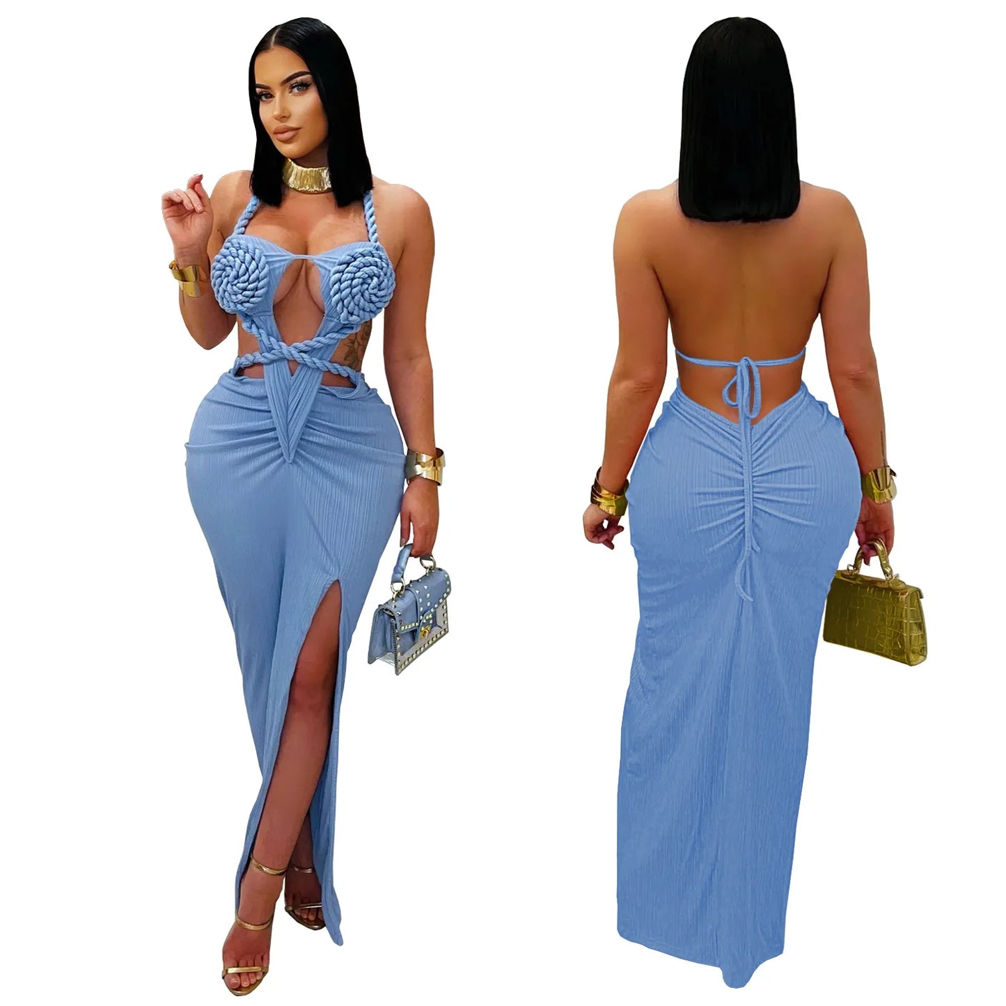 Women's Hollow Out Sleeveless Sexy Knitted Halter Neck Backless Solid Color Dress for Summer 2025
