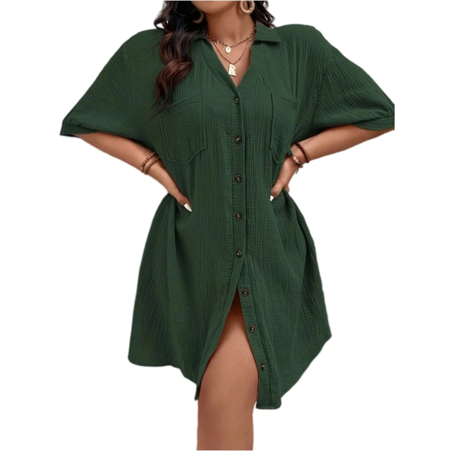 New Women'S Fashion Casual Solid Color Buttoned Mid-Length Short Sleeve Loose Dress Vestidos Para Mujer Ropa De Mujer 신상원피스
