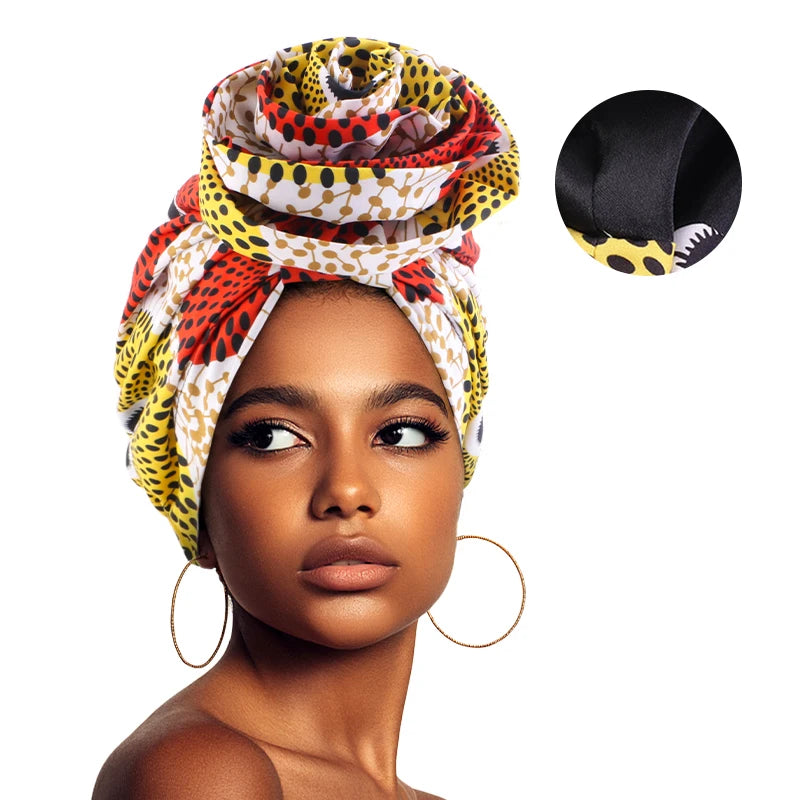 Woman African Satin Lined Turban Cap Big Flower Hat Floral Printed Headwrap Bonnet Muslim Headscarf Ladies Beanies