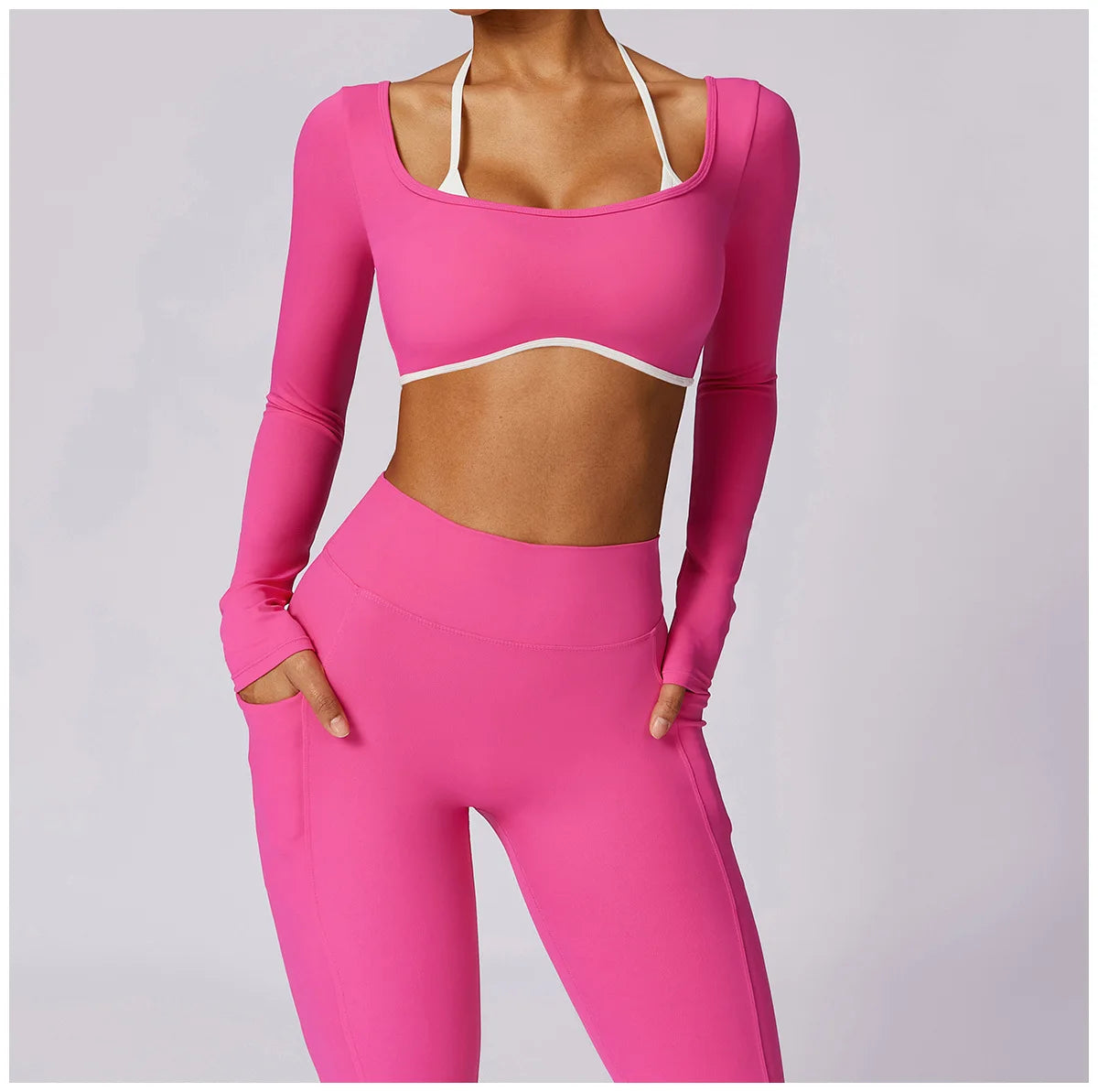 Sexy Yoga Women's 2 Pieces Gym Sports Suit Workout Clothing Long Sleeve Gym Crop Top High Waist Leggings Fitness Bra Sportswear