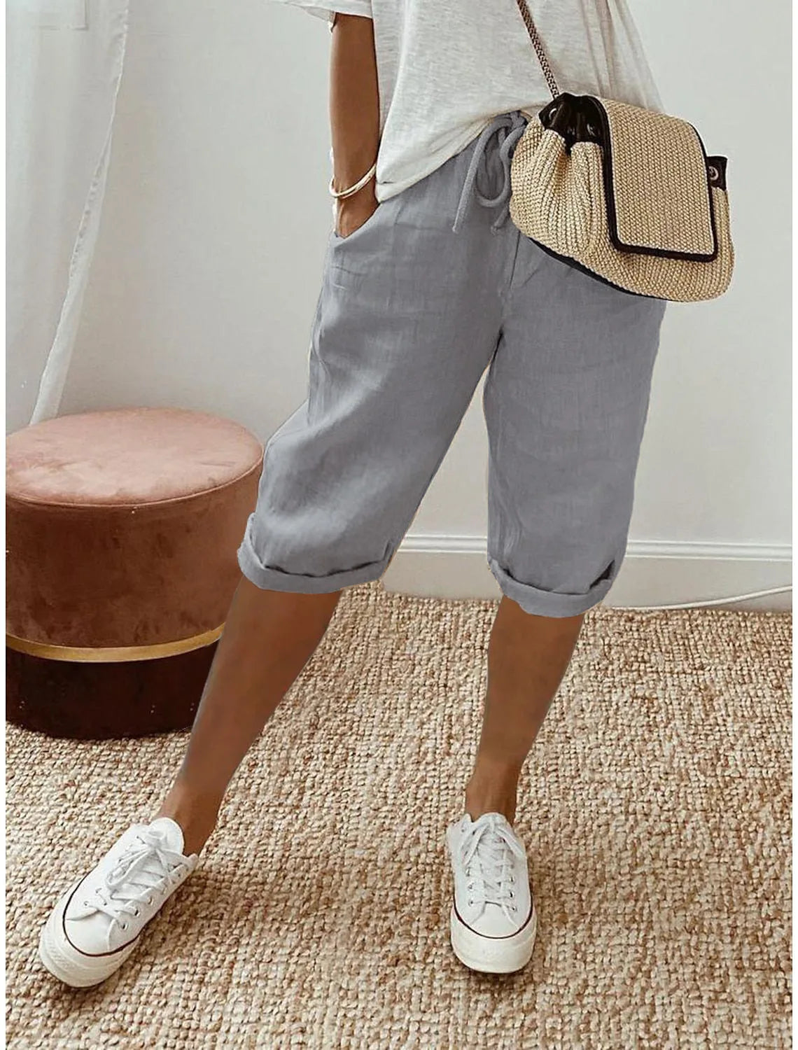 Women Cotton Linen Harem Knee Length Pants Summer High Elastic Drawstring Pocket Solid Color Shorts LRFZ-911
