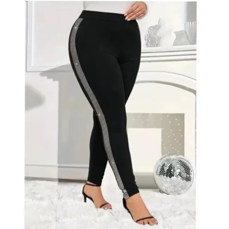 Plus Size New Women's Casual Rhinestone-Trimmed Tight Leggings - Stretchy Solid Color All-Season Machine Washable