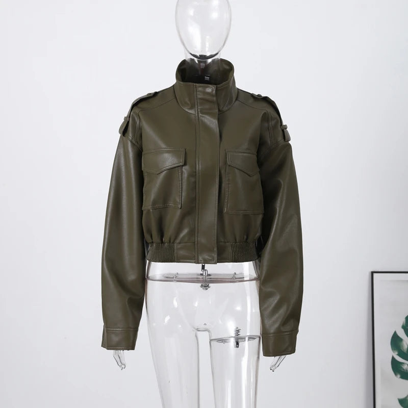 Vintage Zippers Short Leather Jackets Women's Casual Lapel Button Pockets Full Sleeve Coat 2025 Autumn New Lady Chic Streetwear