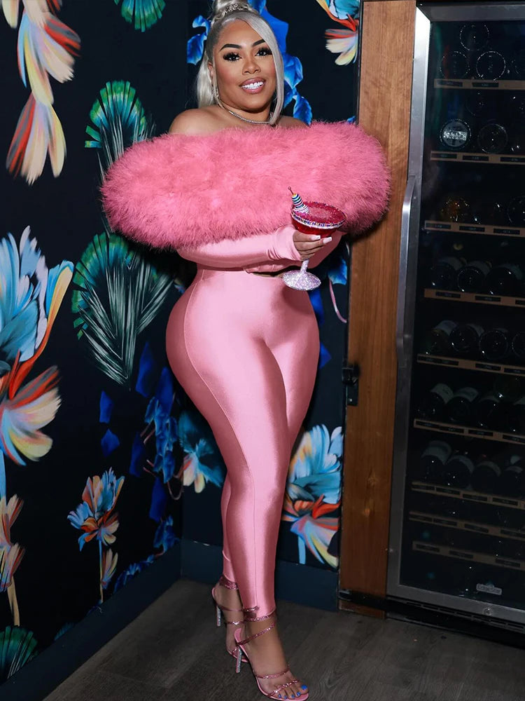 Kliou Furry Patchwork Slash Neck Jumpsuits Woman Autumn Trend Sexy Hollow Navel Exposed Skinny Peach Hip Hottie Fashion Clubwear