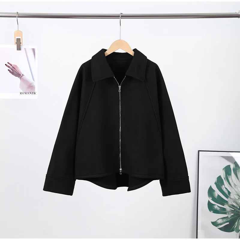 Woolen Zipper Loose Short Jacket Women Long Sleeve Lapel Solid 2025 Autumn Winter Commute Coat Street Office Warm Ladies Outwear
