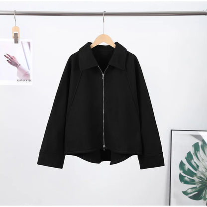 Woolen Zipper Loose Short Jacket Women Long Sleeve Lapel Solid 2025 Autumn Winter Commute Coat Street Office Warm Ladies Outwear