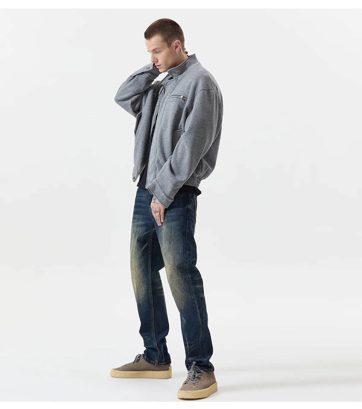 Autumn Winter Woolen Bomber Jacket Men Stand Collar Vintage Fashion Loose Casual Short Cargo Jacket Korean Streetwear Coat