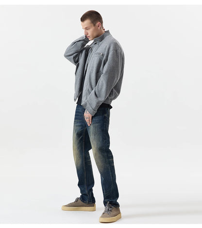 Autumn Winter Woolen Bomber Jacket Men Stand Collar Vintage Fashion Loose Casual Short Cargo Jacket Korean Streetwear Coat