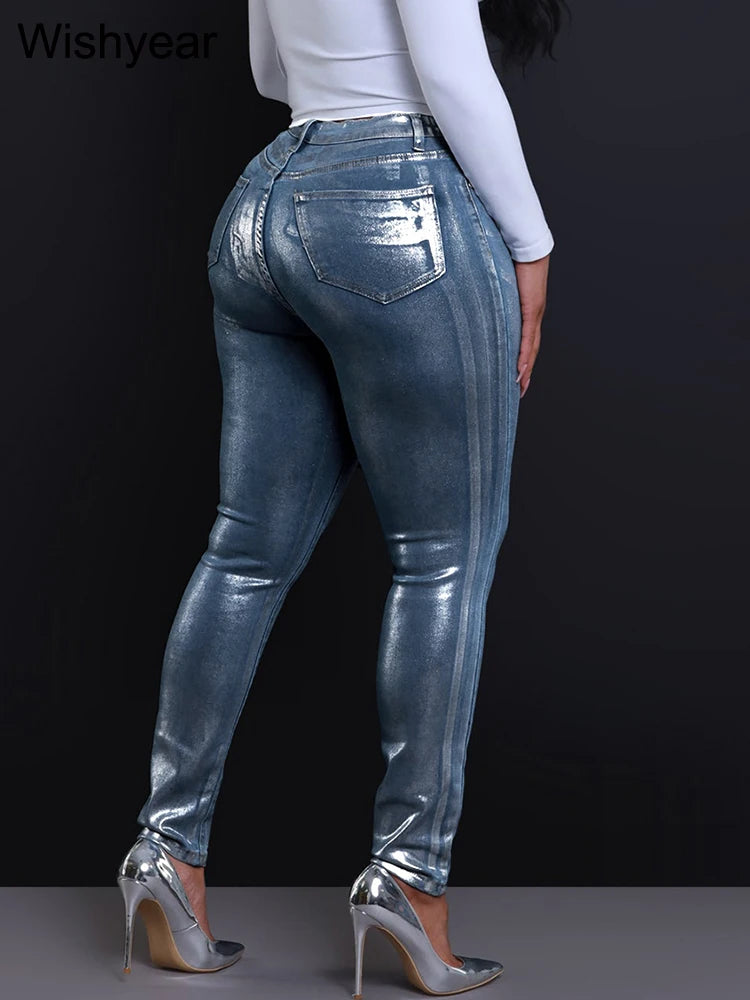 Fashion Hot Silver Skinny Jeans Women High Waist Washed Slim Stretch Denim Pencil Pants Cowboy Punk Trousers Streetwear Harajuku