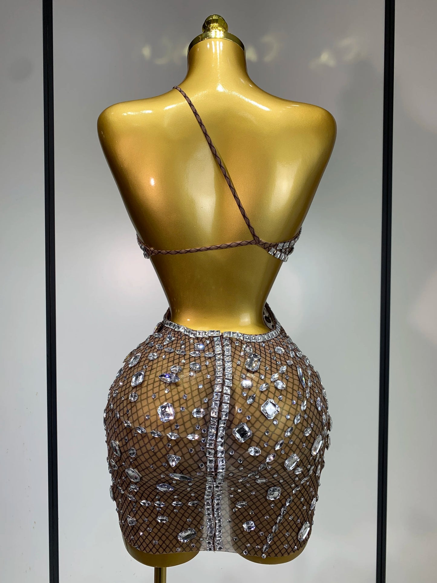 Sexy Sparkly Diamond Backless Short Dress 2025 Women Sleeveless Mesh See Through Evening Birthday Gown Singer Stage Outfit