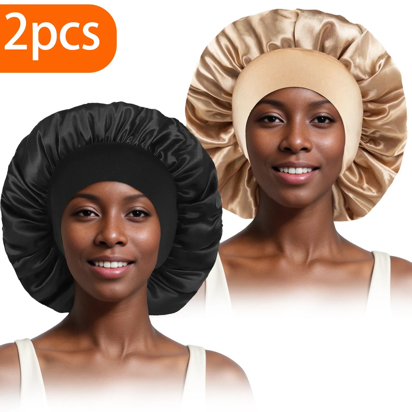2pcs Women's Fashion Bonnet Large Wide Edge Elastic Hat Casual Silk Smooth Tint Suitable for Curled Straight Hair Sleeping Hat