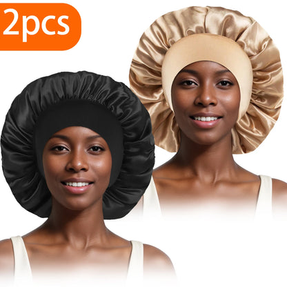 2pcs Women's Fashion Bonnet Large Wide Edge Elastic Hat Casual Silk Smooth Tint Suitable for Curled Straight Hair Sleeping Hat