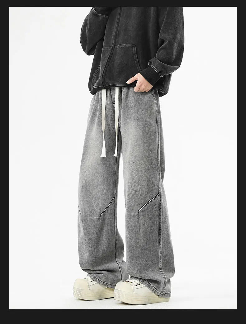 2025 Hip-hop Baggy Denim season elastic waist New Korean Men's Jeans American Loose Fit Wide-leg Straight Casual Trousers Street