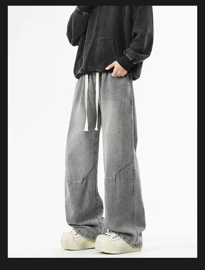 2025 Hip-hop Baggy Denim season elastic waist New Korean Men's Jeans American Loose Fit Wide-leg Straight Casual Trousers Street